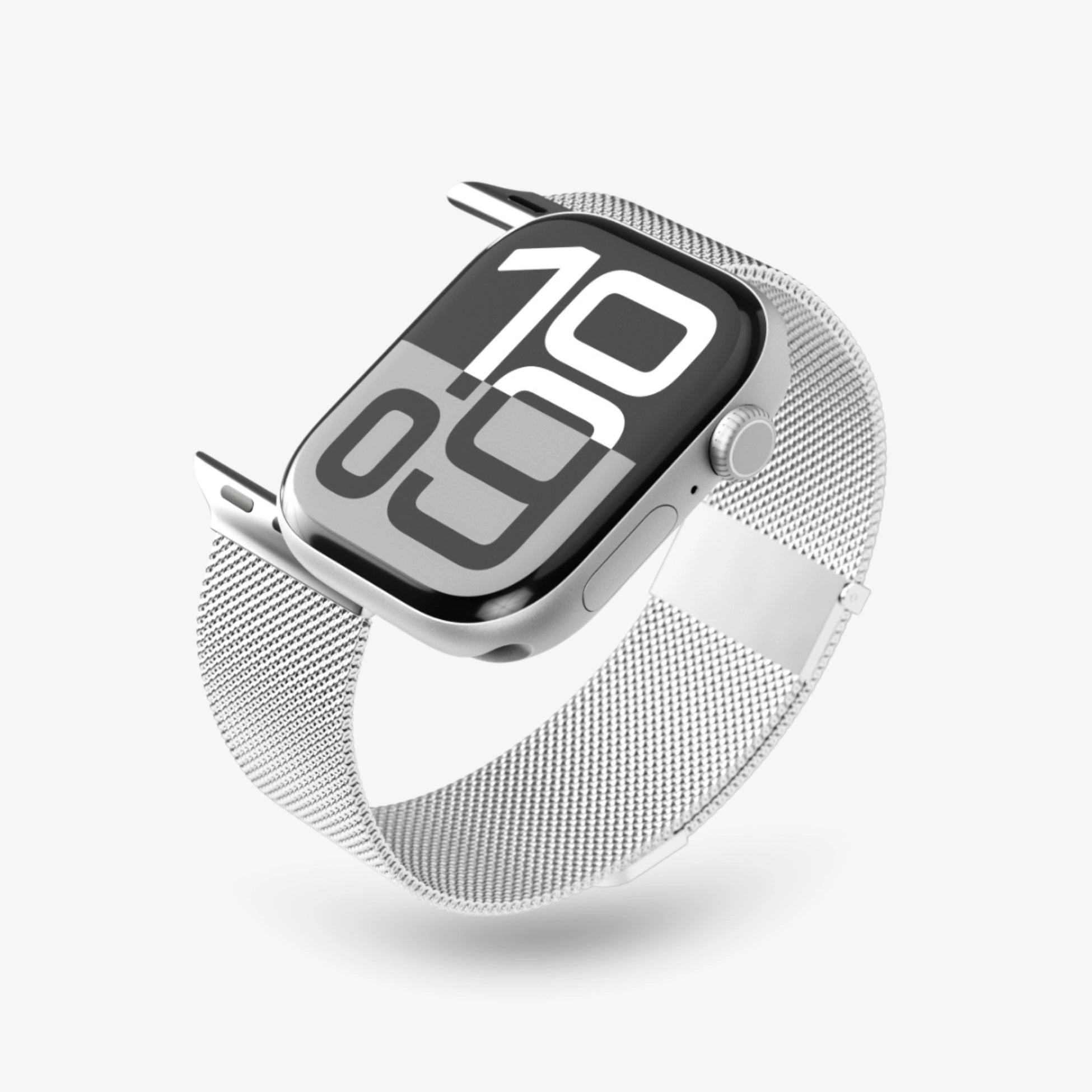 Apple Watch mit modernem silbernen Milanaise-Armband – minimalistisch und elegant, mit großem digitalen Zifferblatt #farbe_silber