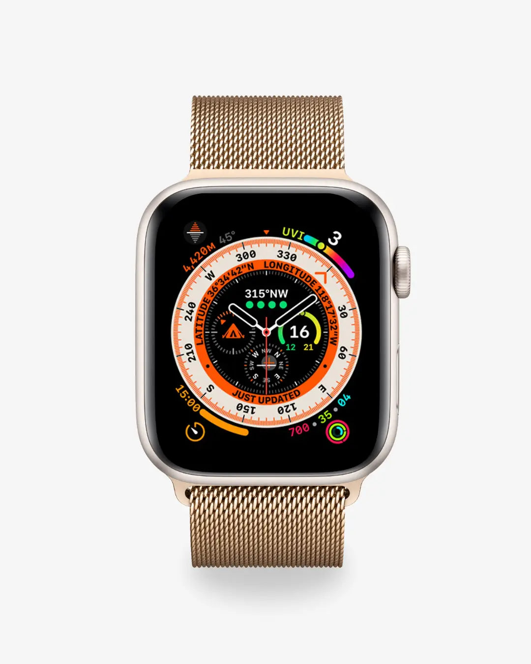 Apple Watch mit goldenem Milanaise-Armband und Kompass-Zifferblatt auf weißem Hintergrund