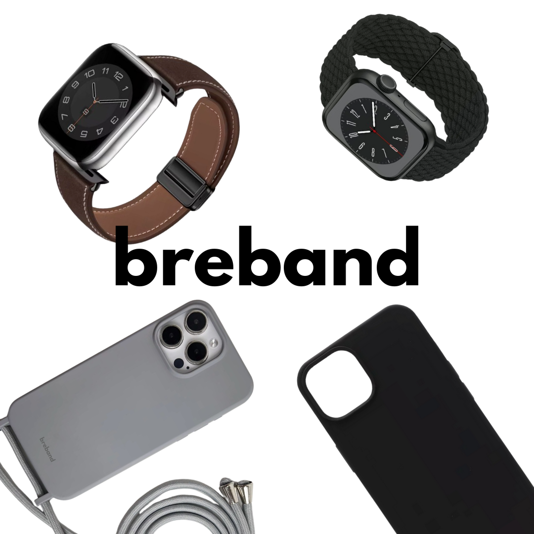 Breband-Zubehör: Apple Watch-Armbänder und iPhone-Hüllen in verschiedenen Farben.